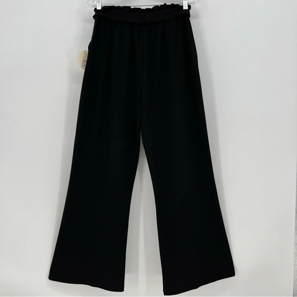 Lara Fashion Women Pants Large Black Wide Leg Paper Bag Gathered Waist Sash Belt - Picture 2 of 10